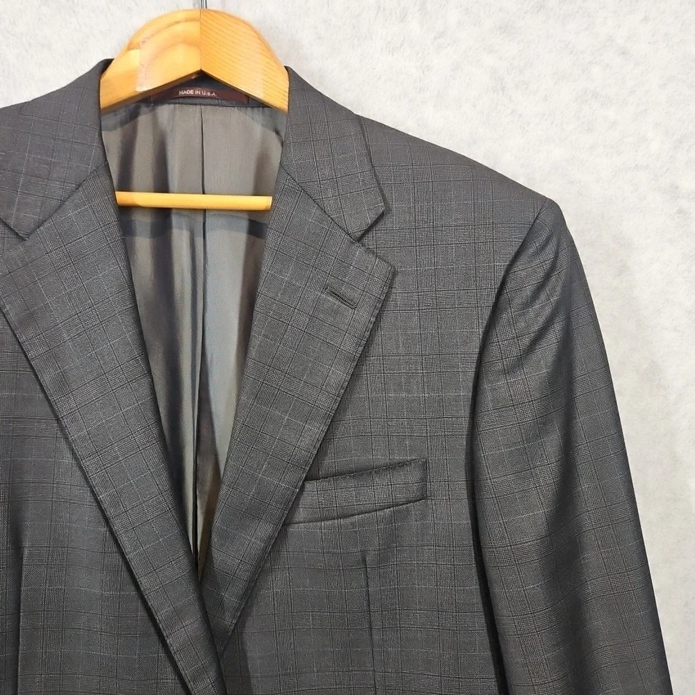 Hickey Freeman 42L Plaid Dark Grey 100% Worsted Wool Jacket Blazer Sport Coat